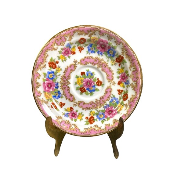 VTG Old Royal Bone China Saucer Floral Motif Pink Detail Gold Edge #2878 England - Picture 2 of 7